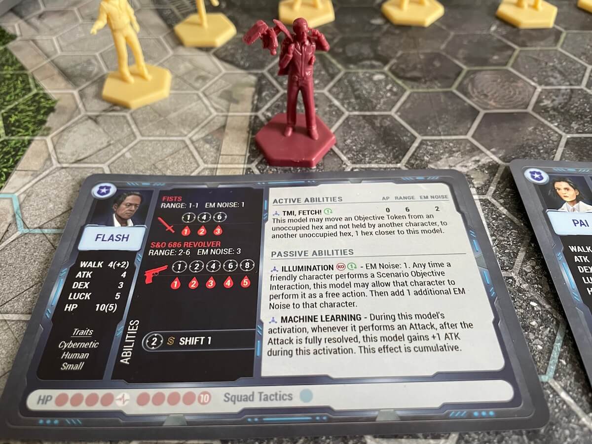 Each character in Omicron Protocol comes with a detailed miniature and character card